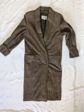 Women's Brown Leather Trench Coat XS With Pockets